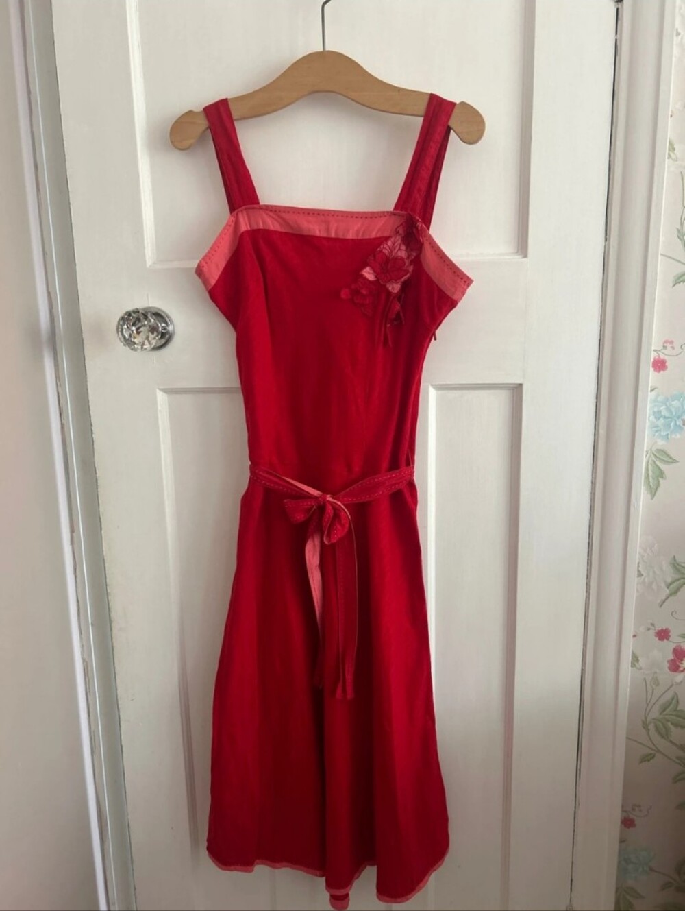 Red Sleeveless Belted Midi Dress